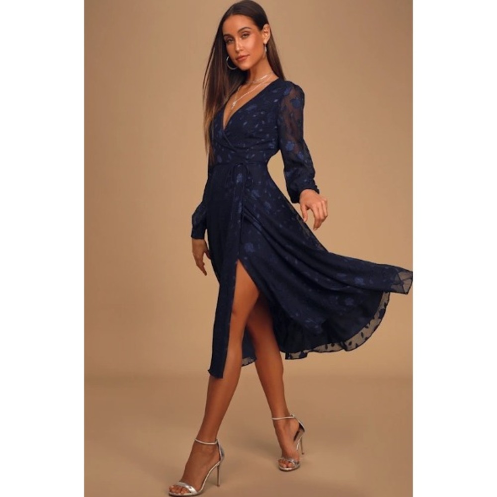 Lulu's Wrap Midi Dress Small Blue Floral Sheer Sleeve V-Neck